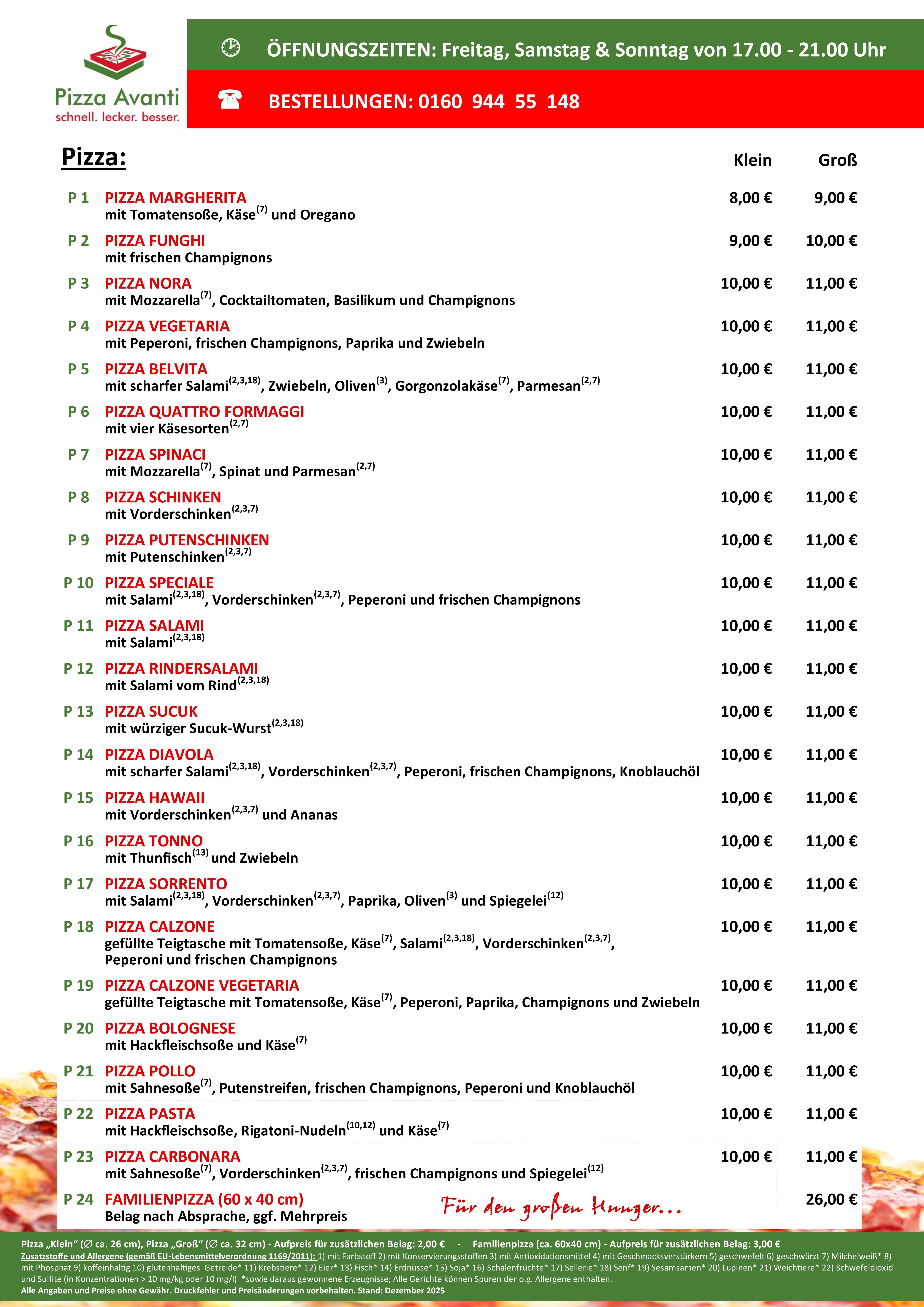 Speisekarte Pizza Avanti